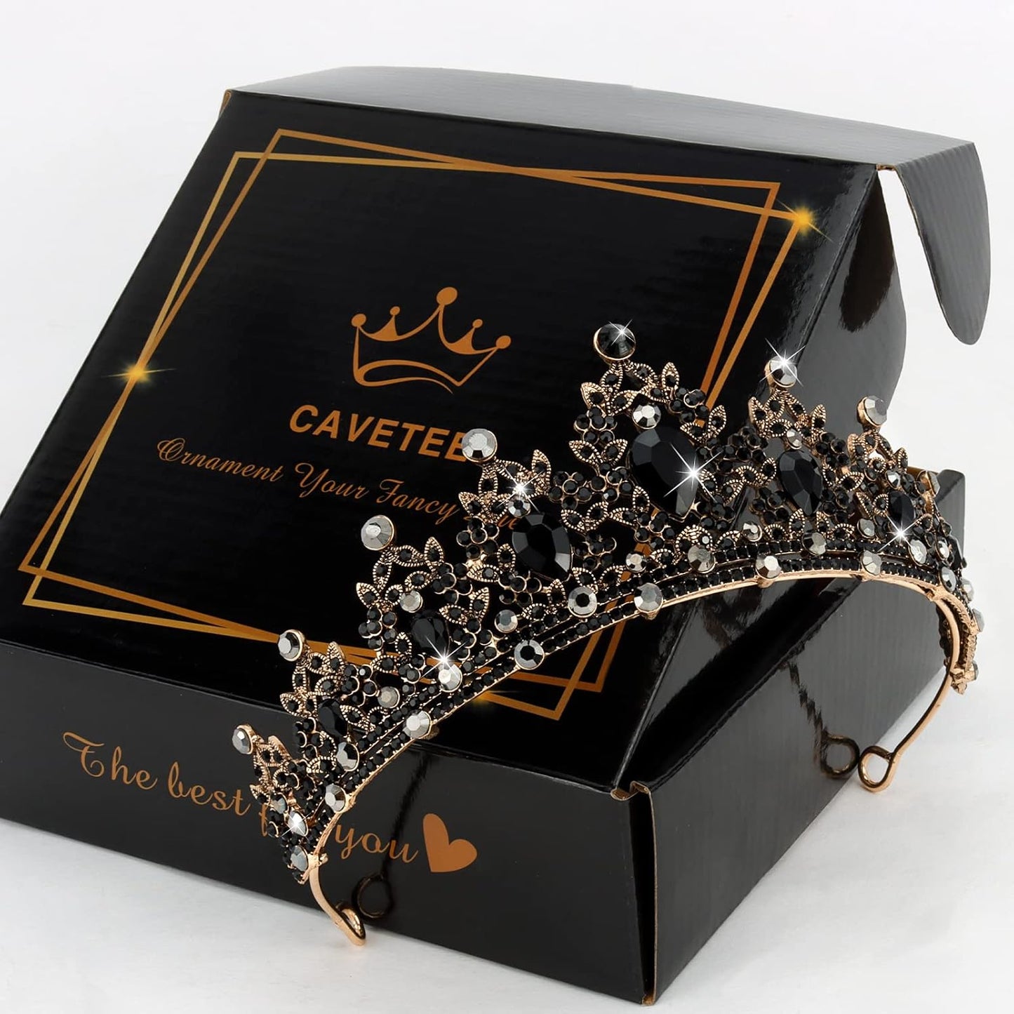 CAVETEE Gothic Crown Headpiece - Black Baroque Tiara with Vintage Rhinestones for Women & Girls - Halloween, Birthday, Wedding & Bridal Occasions