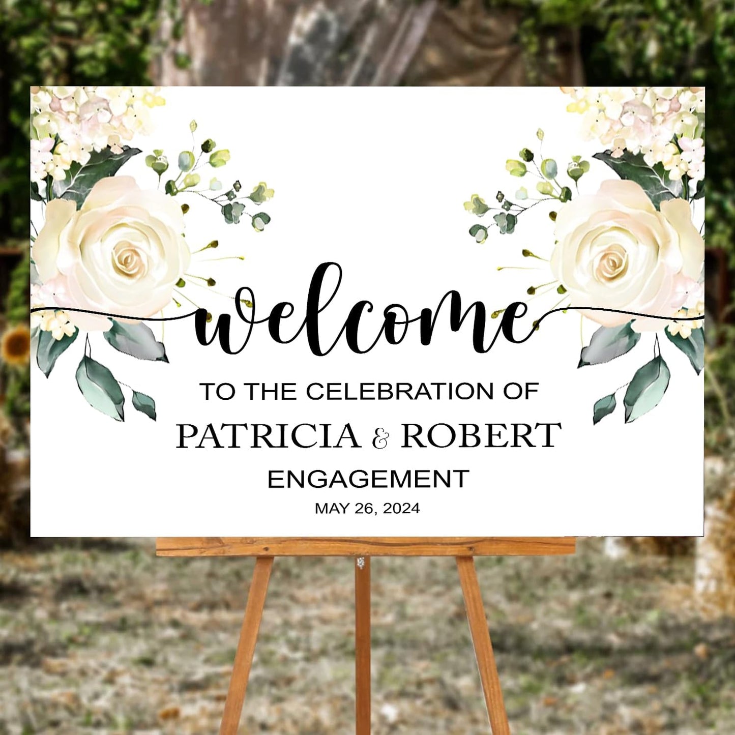 White Rose Welcome Engagement Party Sign, Horizontal Engagement Sign, 12x18 inches, Plastic, Full Size