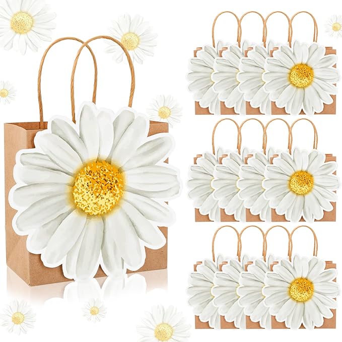 FYSUIMU 24 Pcs Daisy Kraft Paper Gift Bags with Handle Daisy Flower Party Favor Bags Cute Floral Goodie Candy Treat Bag for Spring Summer Mother's Day Wedding Birthday Bridal Shower
