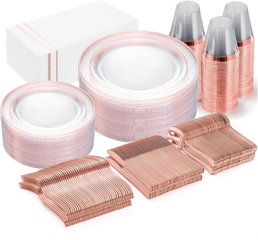 GATHER 350PCS Rose Gold Plastic Plates - Disposable Rose Gold Dinnerware Includes 100 Clear Rose Golds Rimmed Plastic Plates, 150 Silverware, 50 Napkins, 50 Cups for Party, Wedding