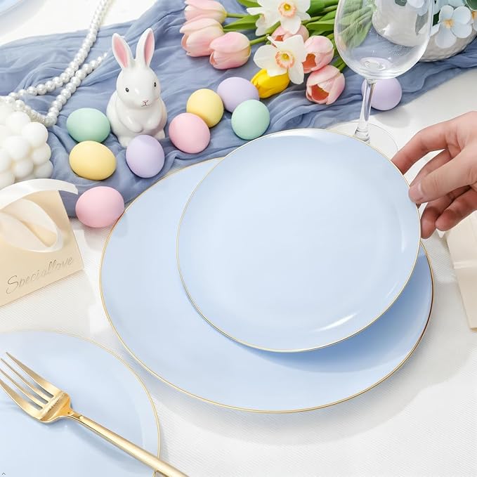 PULOTE 100PCS Blue Plastic Plates - Disposable Light Blue Include 50 Dinner & 50 Dessert/Salad Plates for Party, Wedding & Easter