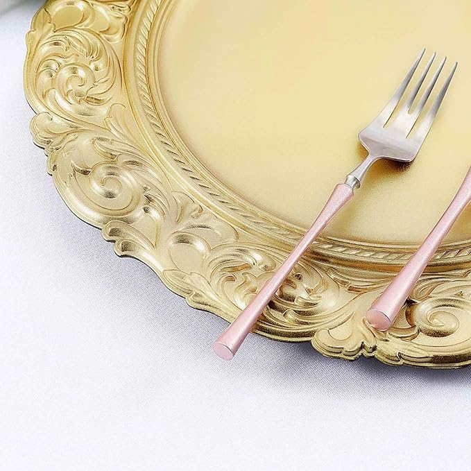 Efavormart 12-Pack Acrylic Charger Plates 14" Round Gold with Engraved Baroque Rim - Vintage Disposable Decorative Chargers