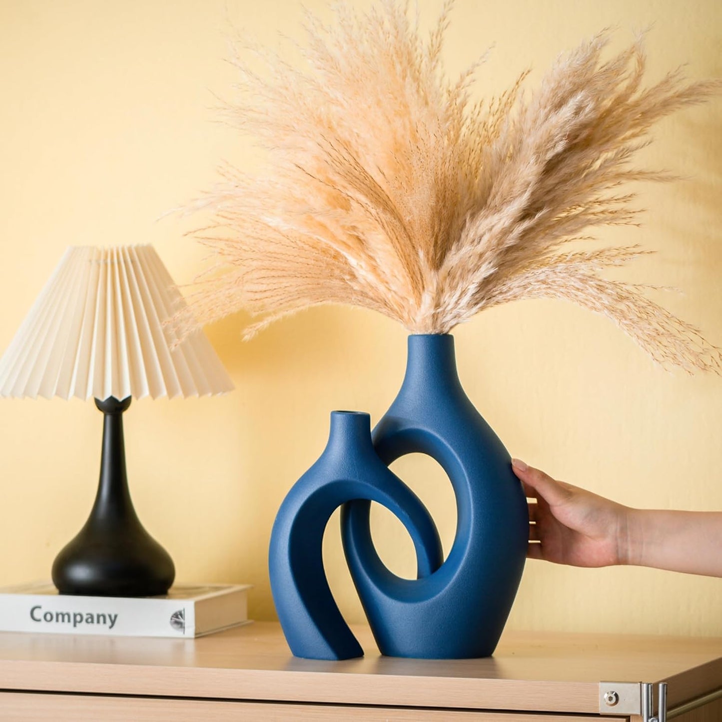 Snuggle Hollow Ceramic Vase Set of 2, 11Inch Nordic Modern Boho ins Style Decorative Ceramic Aesthetic Flower Vases for Home Decor Living Room Shelf Table Decorative (Matte Navy Blue)