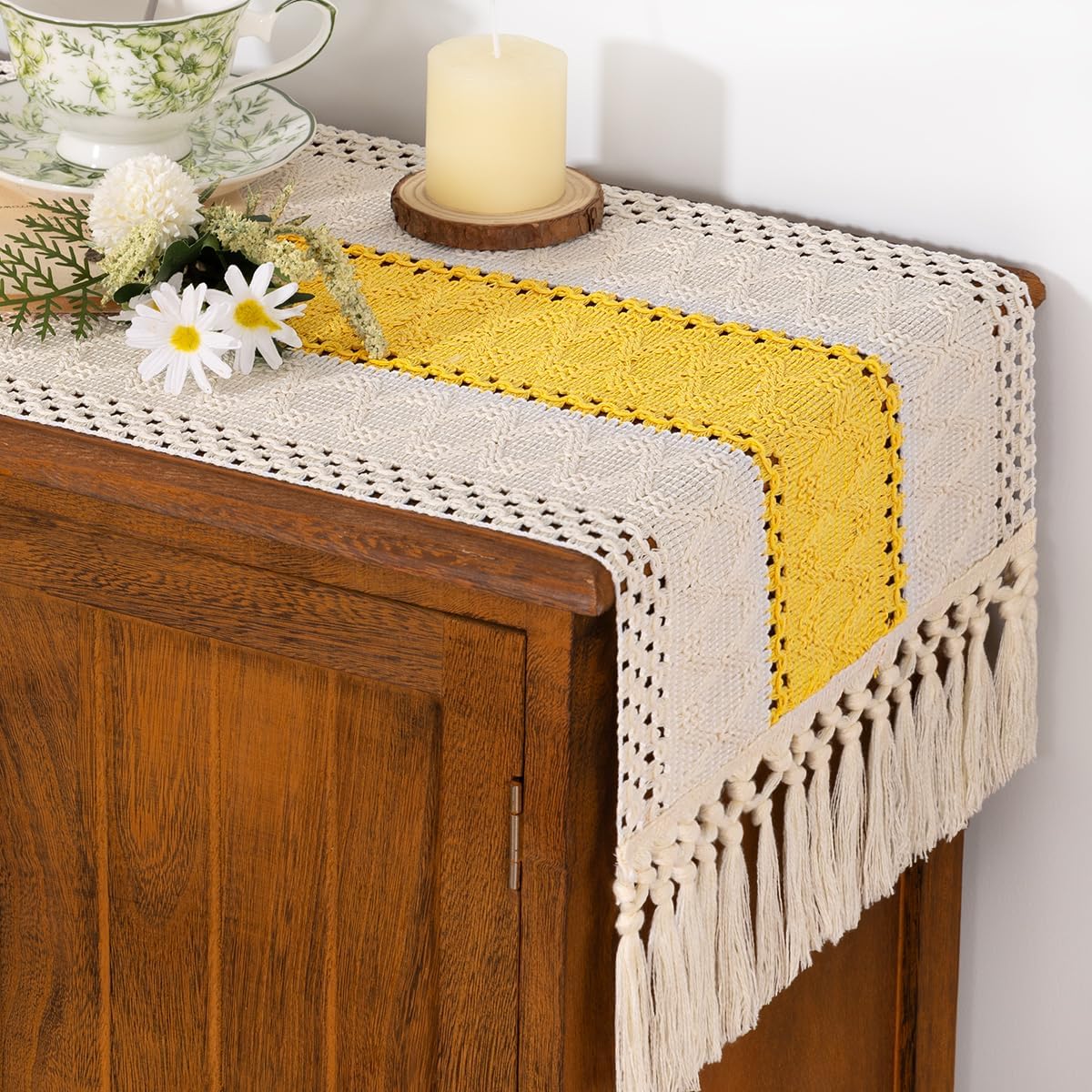 Socomi Boho Table Runner Fall Thanksgiving Farmhouse Rustic Dining Kitchen Centerpiece Decor Small Macrame Woven Cotton Coffee Table Runner for Dresser Scarf Home Decor 12x72 in Yellow Gold Ivory