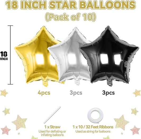 Black Gold Silver Star Foil Balloons, 10PCS Foil Stars Shape Balloons, 18 Inch Metallic Black and Gold Stars Balloon for Helium Pentagram Balloon for Birthday, New Years, Graduation Party Decorations