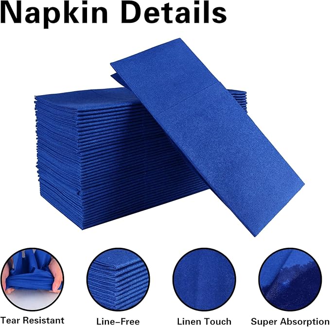 Royal Blue Napkins Hand Towels Disposable, Linen-Feel Dinner Napkins with Prefolded Built-in Flatware Pocket, Guest Paper Hand Towels For Wedding, Dinner Or Party (16x16in, 50Pack）