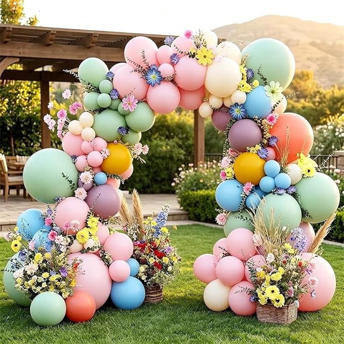 Blue Green Pink Balloon Arch with Cosmos Kelsang Flowers Double Stuffed Pastel Green Purple Yellow Beige Balloons for Wildflower Baby Shower Easter Spring Tea Gender Reveal Bridal Party Decor