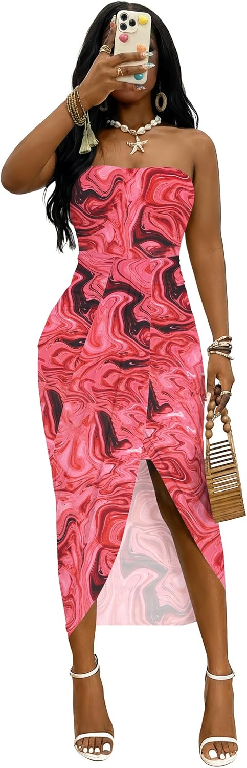 Umenlele Women's Strapless Ruched High Waist Wrap Split Asymmetrical Beach Maxi Long Dress