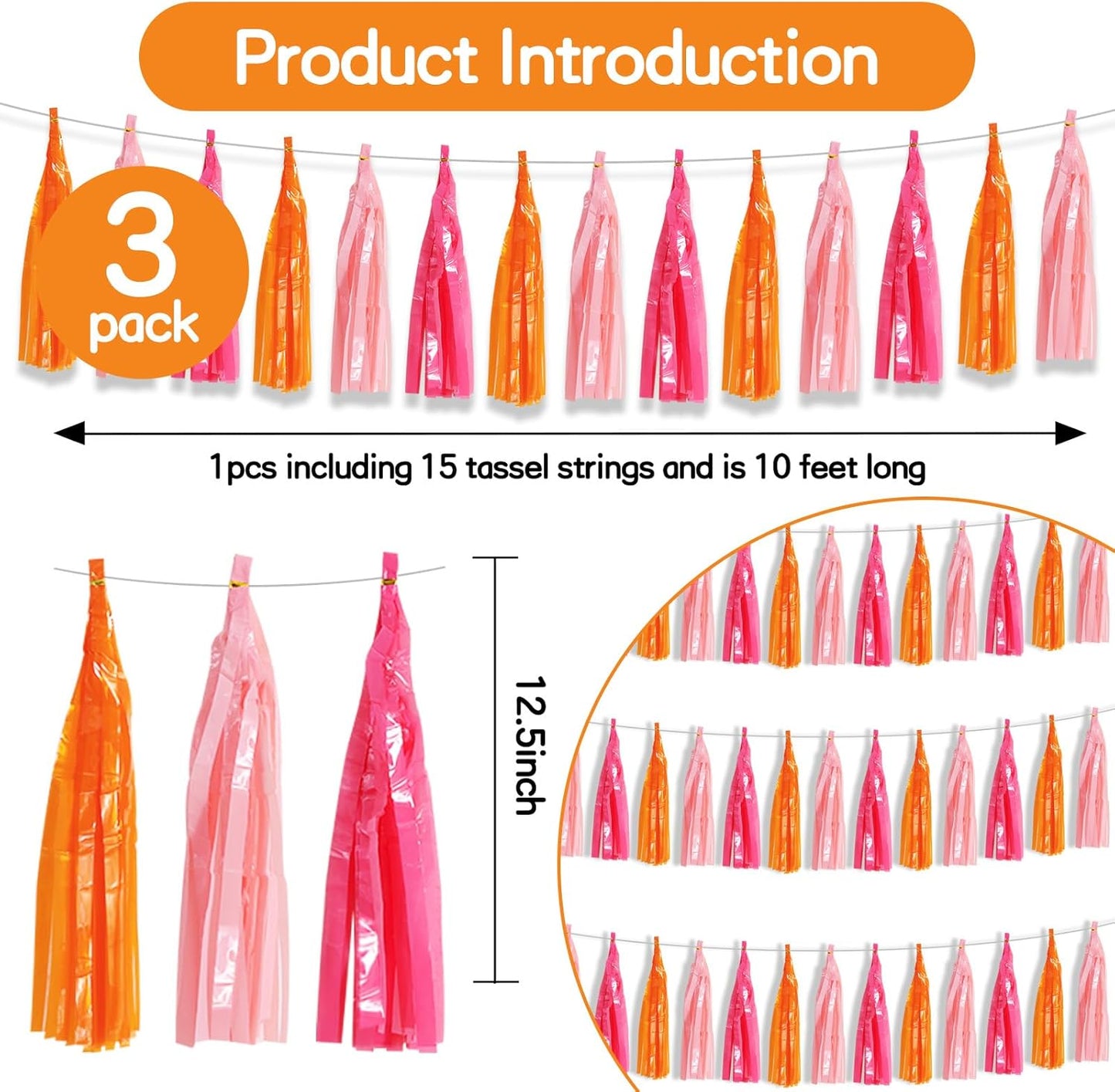 BEISHIDA 3 Packs Hot Pink Orange Metallic Foil Fringe Tassel Garland, Tassels Banner Streamers for Car Floats Bridal/Baby Shower Birthday Wedding Halloween Christmas Holiday Party Decoration
