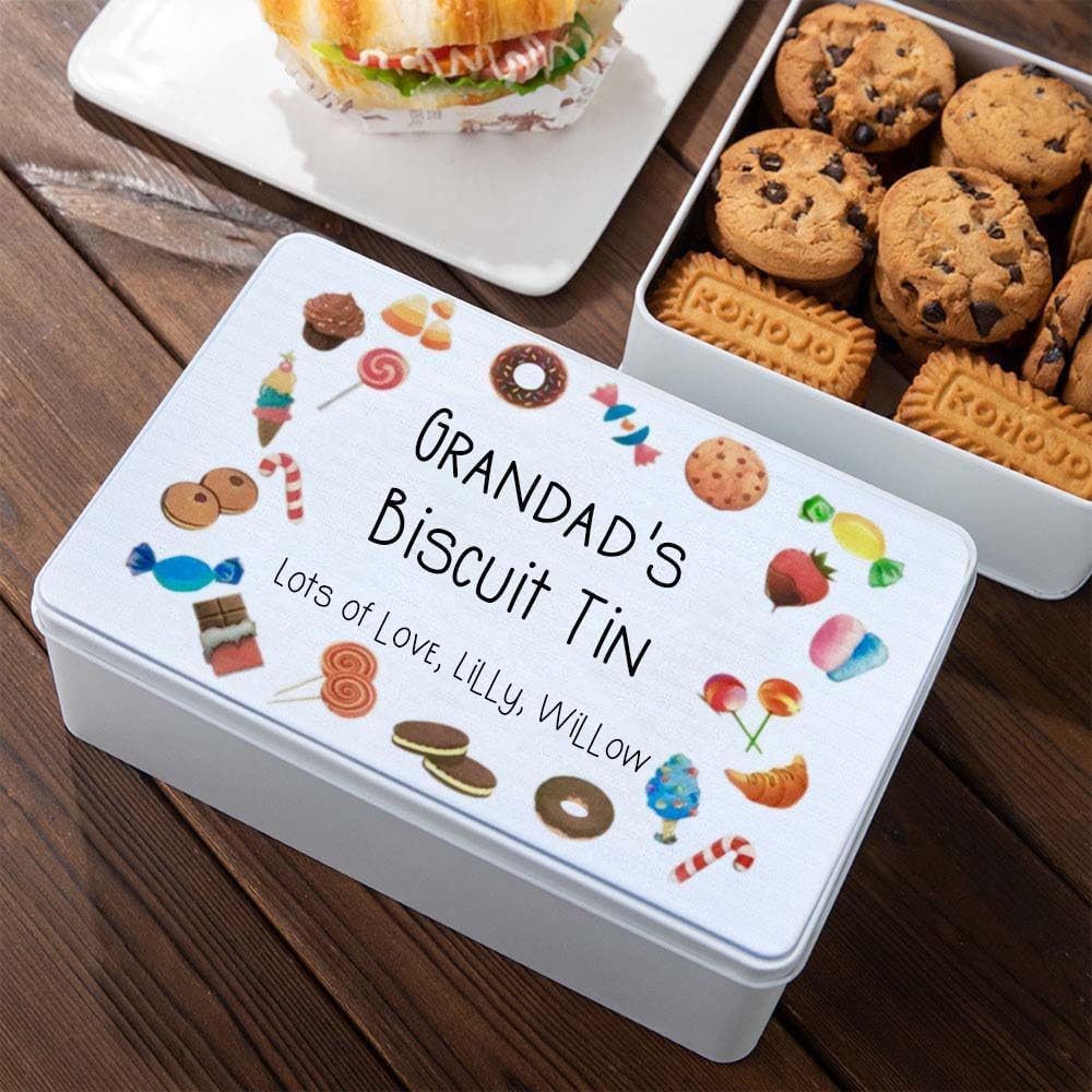 Personalized Cute Cookie Jar Tin with Lid, Custom Metal Candy Biscuit Snack Chocolate Storage Box for Kids Family, Christmas Holiday Party Supplies (S, M, L)