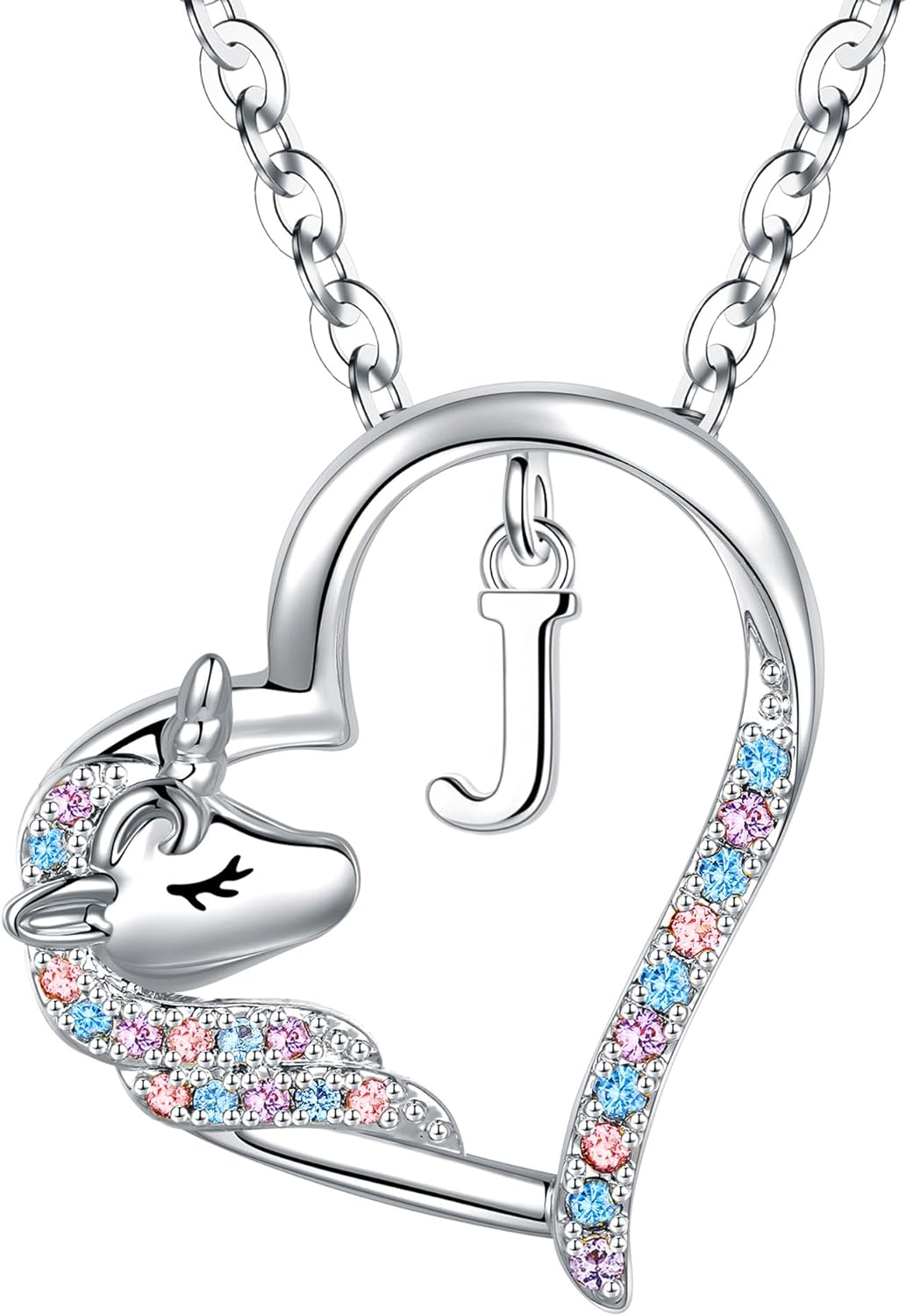 Anoup Unicorn Gifts for Girls Necklace - Colorful CZ Heart Pendant A-Z Initial Necklaces Cute Unicorns Jewelry Birthday Gift for Girl