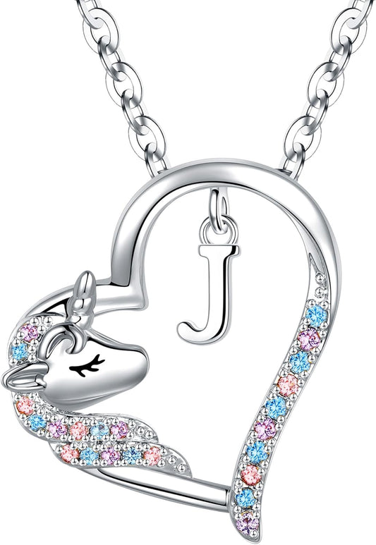 Anoup Unicorn Gifts for Girls Necklace - Colorful CZ Heart Pendant A-Z Initial Necklaces Cute Unicorns Jewelry Birthday Gift for Girl