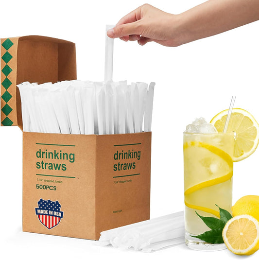 Plastic Straws [500 Pcs-7.8" Long] Individually Wrapped Clear Disposable Drinking Straws - Made in USA - Straight Long Straws for Party, 0.23'' Diameter