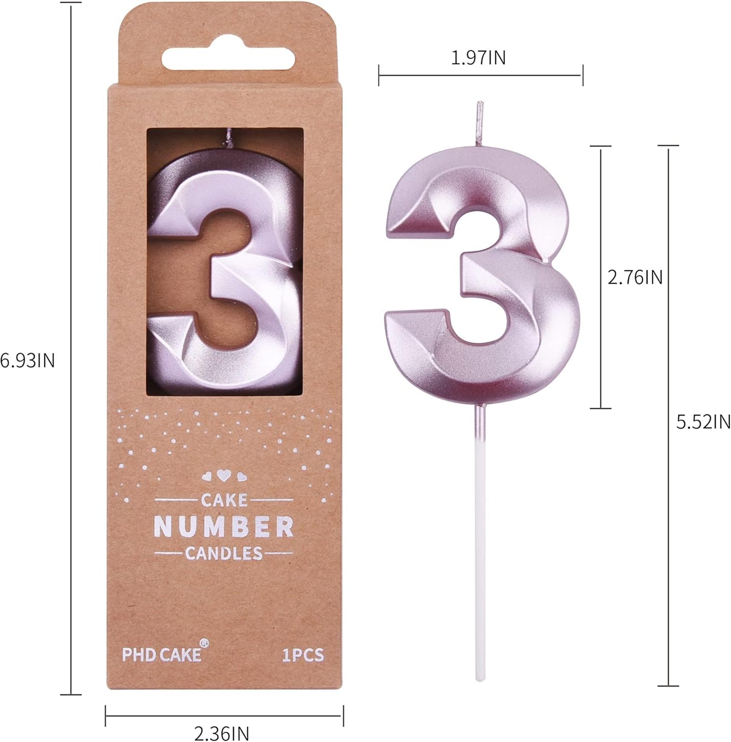 PHD CAKE 2.76 Inch Diamond Rose Gold 3 Number Birthday Candles, Rose Gold Number Candles, Cake Number Candles, Party Celebration
