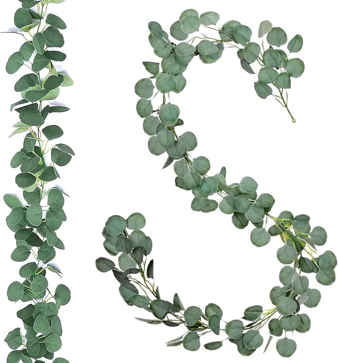 2 Pack Artificial Eucalyptus Garland, 6' Faux Silk Leaf Silver Dollar Eucalyptus Leaves Vines Handmade Garland Wedding Backdrop Arch Wall Decor, Green Garlands for Home Decor (A)