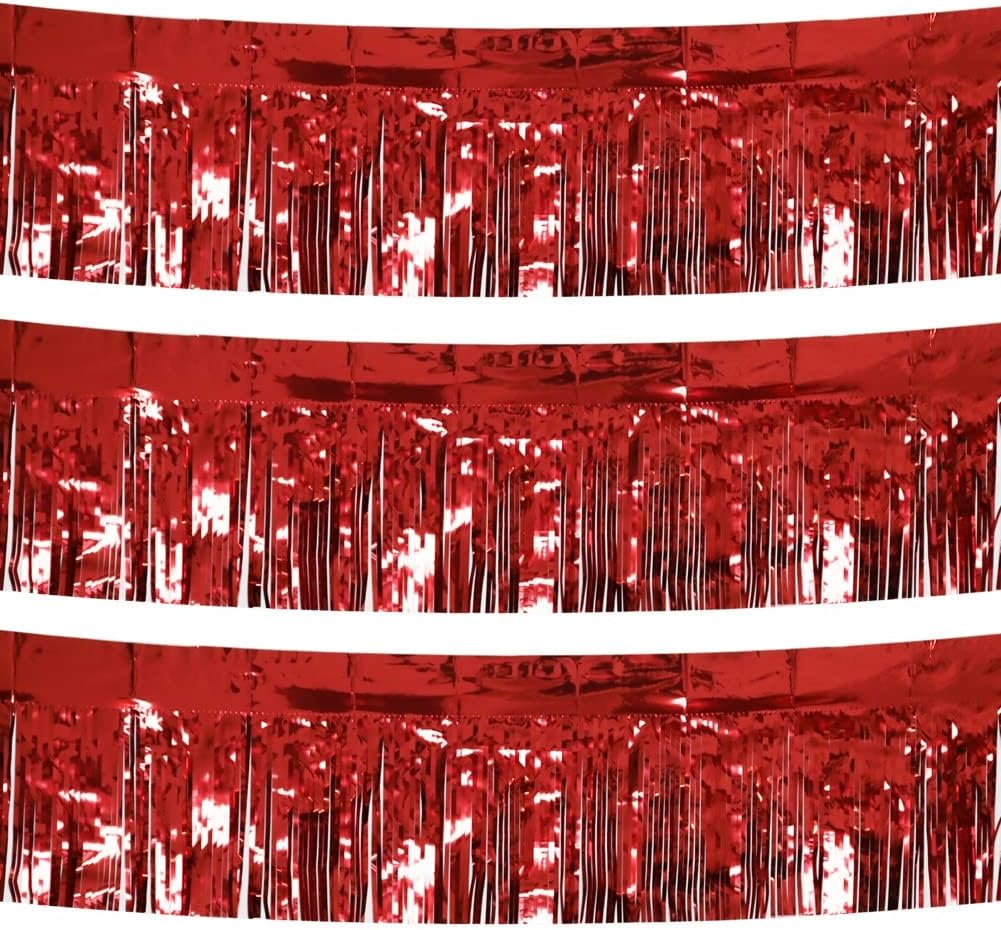 3 Pack Total 30 Feet Foil Fringe Garland Metallic Wall Hanging Drapes Tassel Skirting Tinsel Streamers Decorations for Parade Float Trailer Mardi Gras Party Birthday Wedding (Red)
