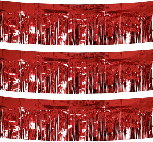 3 Pack Total 30 Feet Foil Fringe Garland Metallic Wall Hanging Drapes Tassel Skirting Tinsel Streamers Decorations for Parade Float Trailer Mardi Gras Party Birthday Wedding (Red)