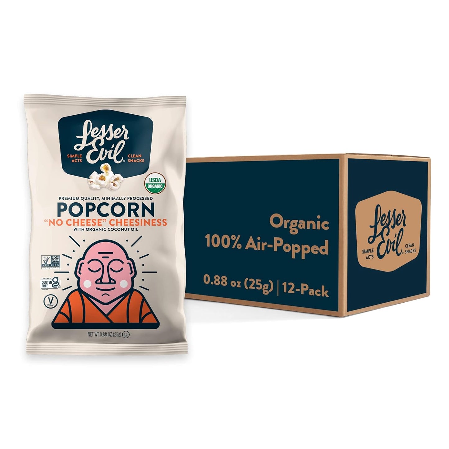 LesserEvil No Cheese Cheesiness Organic Popcorn, Premium Quality, Minimally Processed, No Vegetable Oil, 0.88 Oz, Pack of 12