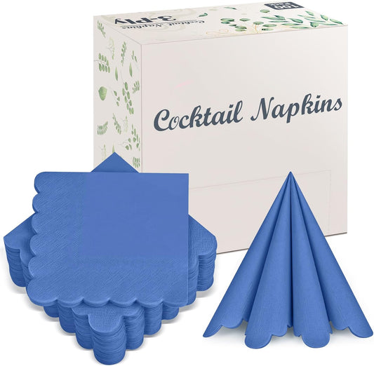 100 Pack Cocktail Napkins, 3-Ply Scalloped Edged Wedding Napkins Folded 5 x 5 Inches Dessert Napkins, Disposable Napkins for Dinner Birthday Party Bridal Anniversary Baby Shower Reception (Navy Blue)