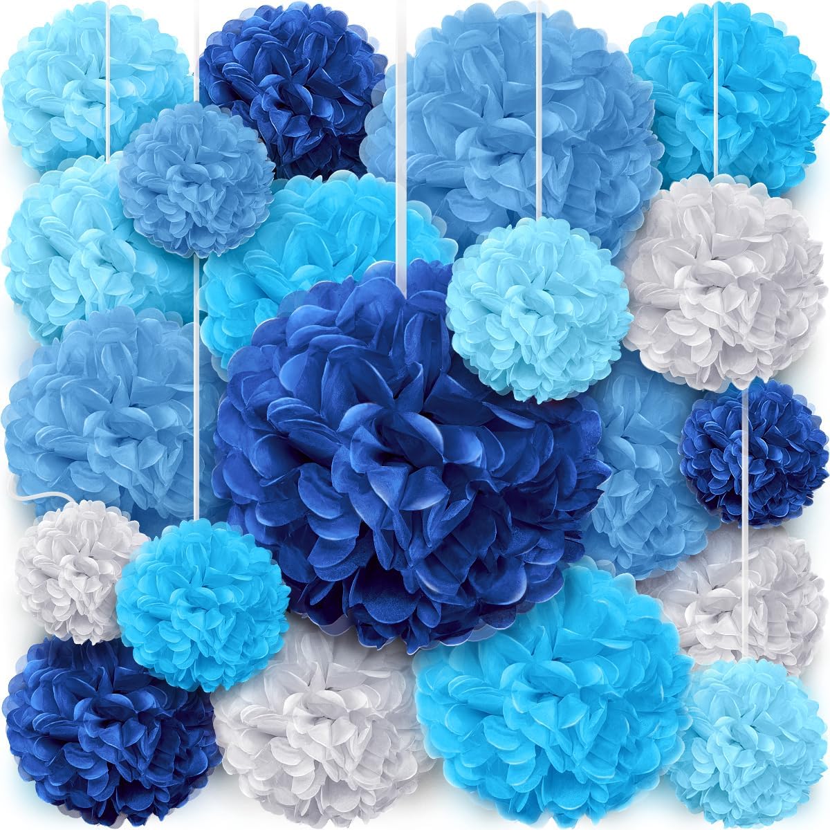 Tissue Paper Pom Poms - Blue Party Decorations for Birthdays, Weddings, Baby Showers and Special Occasions (20pcs, Blue Navy Assortment, Assorted Sizes)