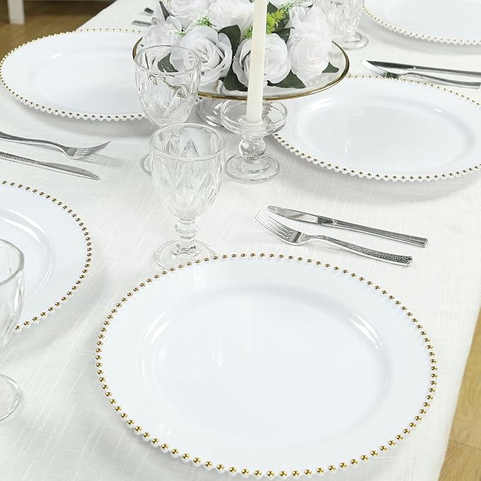 Efavormart 10-Pack Economy Plastic Charger Plates 13" Round White with Gold Beaded Rim - Stylish Dinner Party Serving Plates
