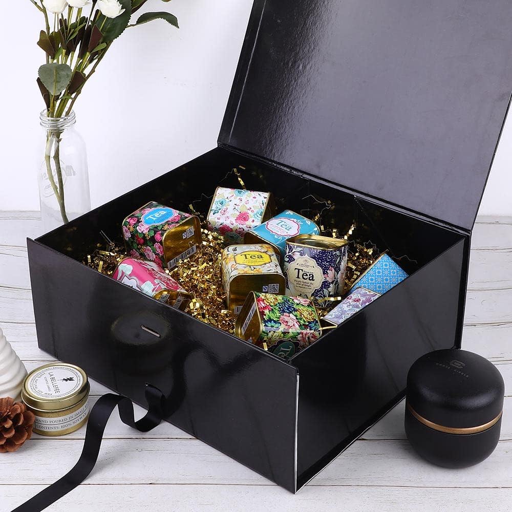 Black Large Gift Boxes 13x11x5.3 Inches, Gift Boxes with Ribbons, Gift Wrap Boxes with Lid Magnetic Closure, Christmas Gift Boxes, Rectangle Collapsible Gift Boxes for Men Shoes (Glossy Black)