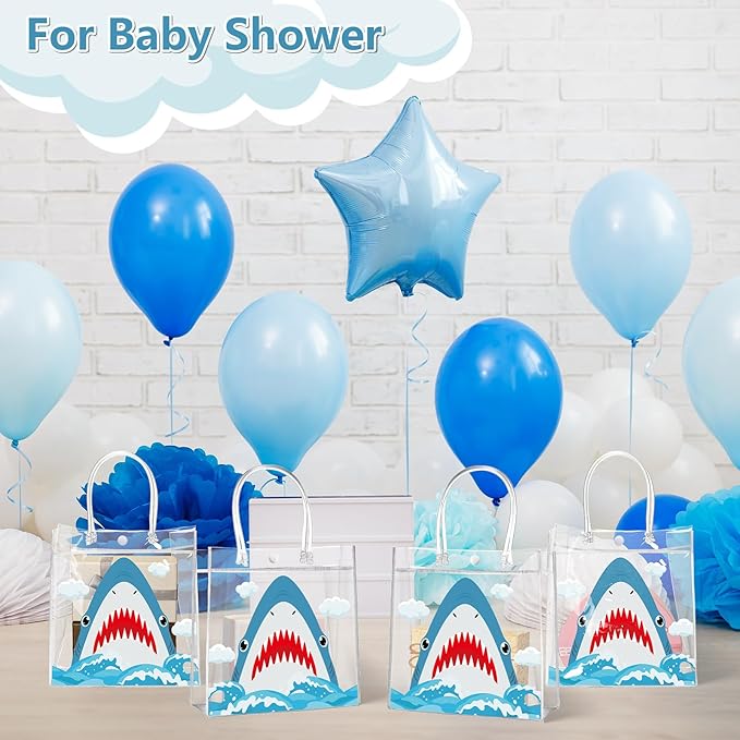 Aliceset 20 Pcs Shark Party Clear Favor Bags with Handles Sea Party Goodie Bags for Shark Themed Baby Shower Birthday Ocean Animals Themed Candy Snack Treat Wrapping Summer Pool Supplies, 8x8x3.15inch