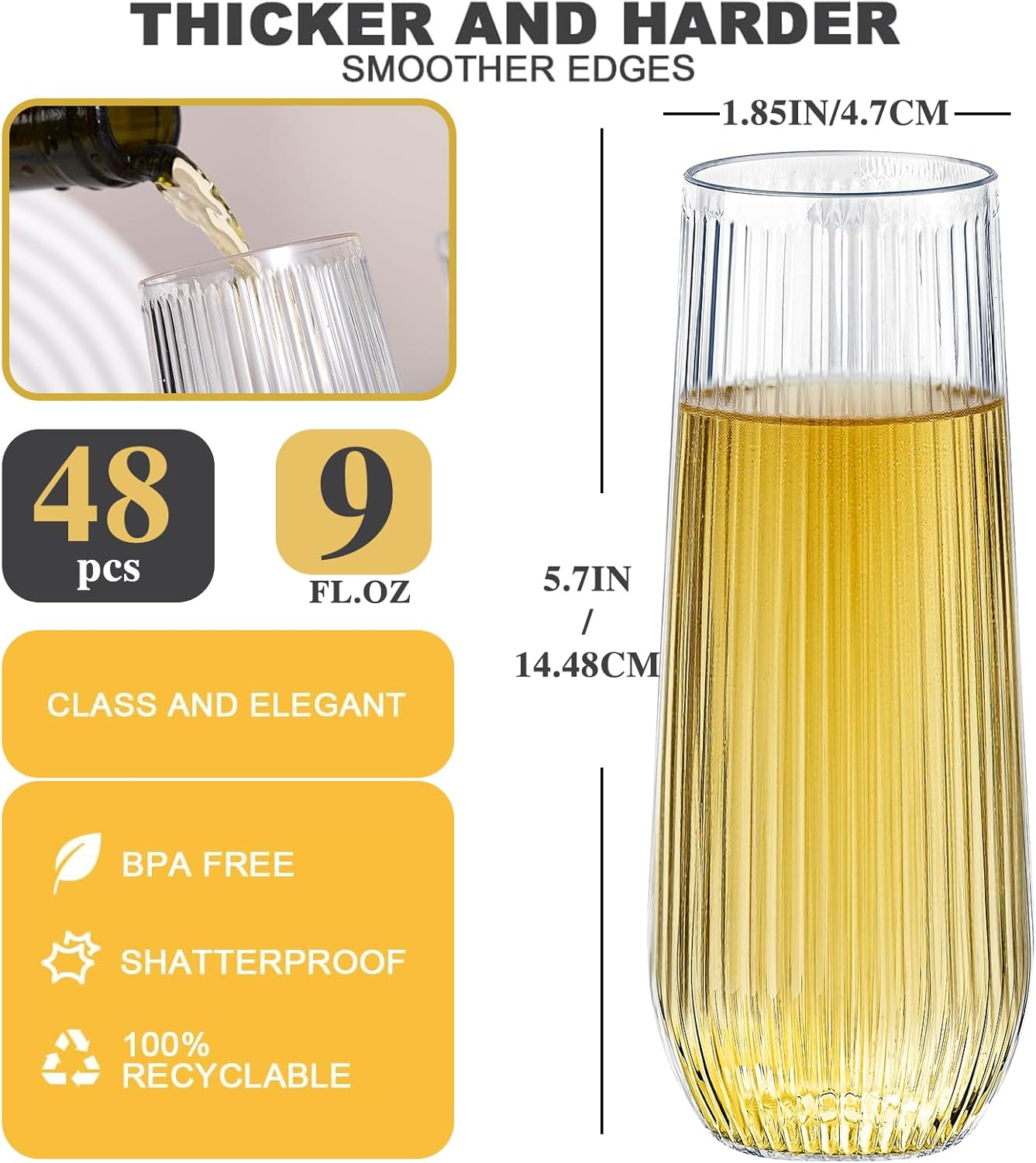 48 Pack Plastic Ribbed Champagne Flutes, 9 Oz Stemless Disposable Clear Plastic Toasting Glasses Shatterproof Recyclable and BPA-Free Perfect For Wedding