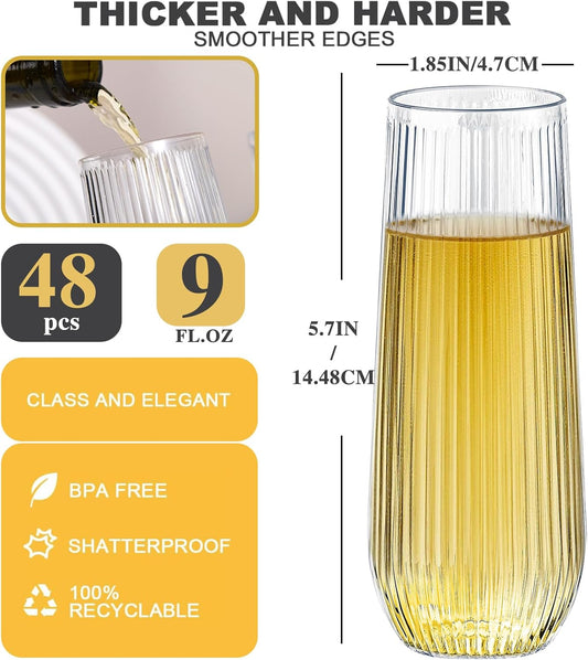 48 Pack Plastic Ribbed Champagne Flutes, 9 Oz Stemless Disposable Clear Plastic Toasting Glasses Shatterproof Recyclable and BPA-Free Perfect For Wedding