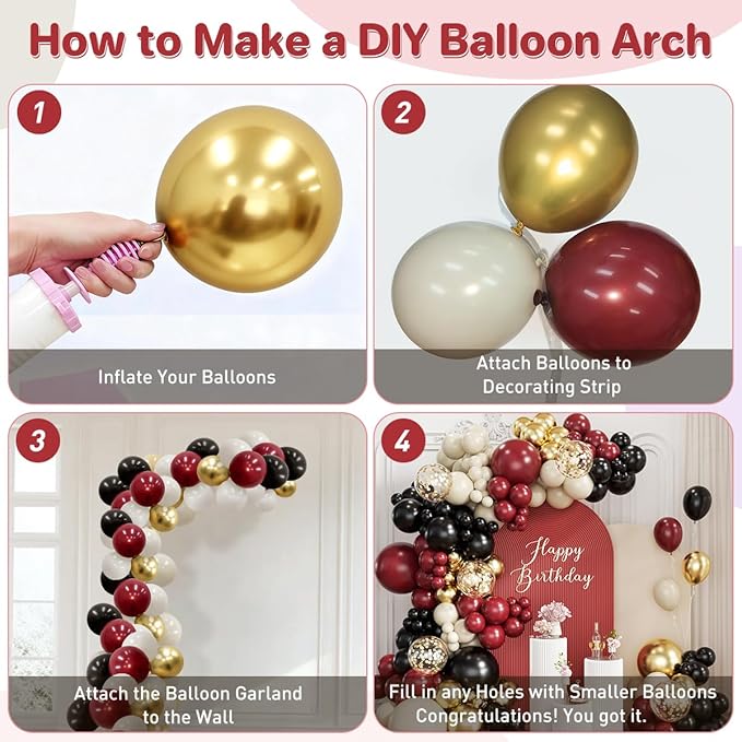 Burgundy Black White Gold Balloon Garland Arch Kit, 167Pcs Latex Maroon Balloons Different Sizes 18 12 10 5 inch for Birthday Graduation Wedding Anniversary Party Decoration