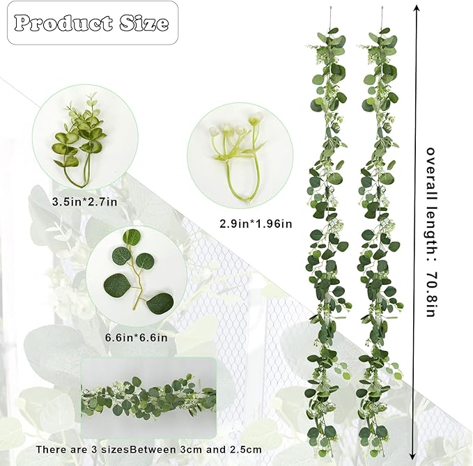 Artificial Eucalyptus Garland with gypsophila Flowers 2pcs 11.8ft Faux Greenery Garland Fake Eucalyptus Leaves for Wedding Arch Farmhouse Mantle Table Runner Decor Centerpiece Home Party Decor (green)
