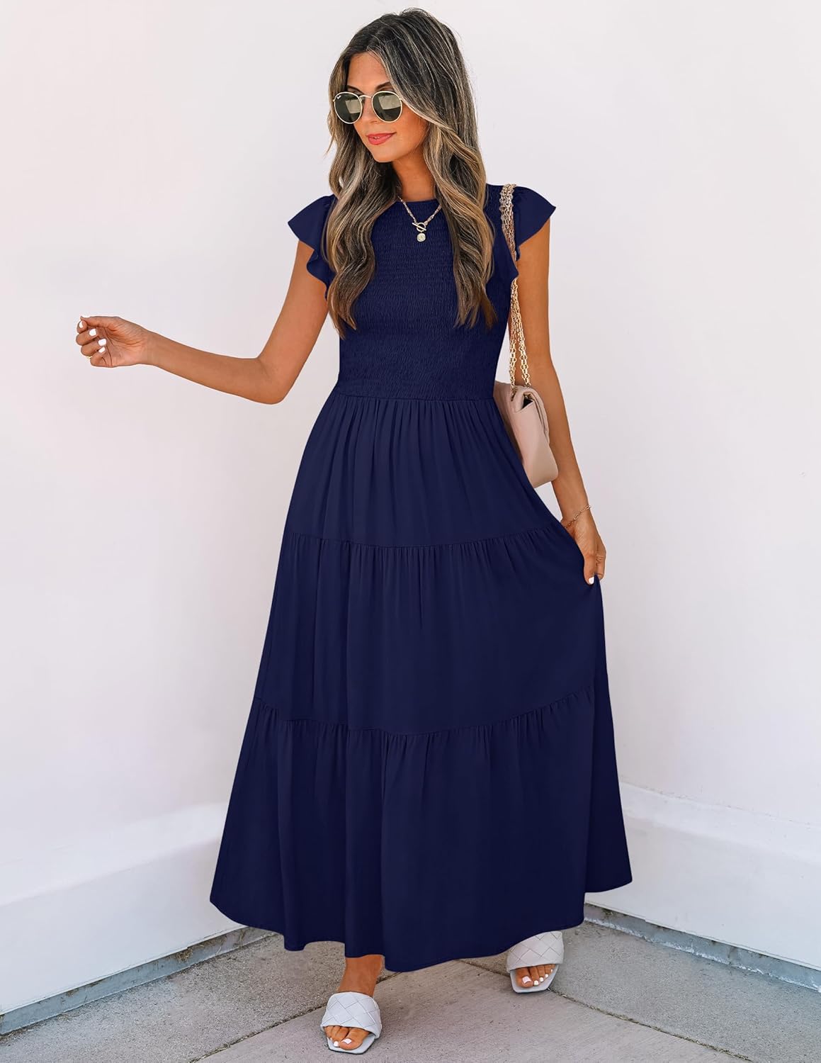 ZESICA Women's 2025 Summer Casual Flutter Short Sleeve Crew Neck Smocked Elastic Waist Tiered Midi Dress