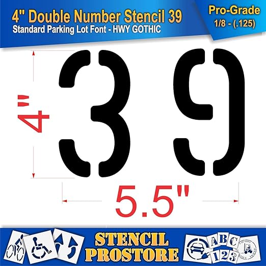 Pavement, Curb, and WheelStop Stencils - 4 inch Double Number Stencil - (39) - 4" x 5.5" x 1/8" (128 mil) - Pro-Grade