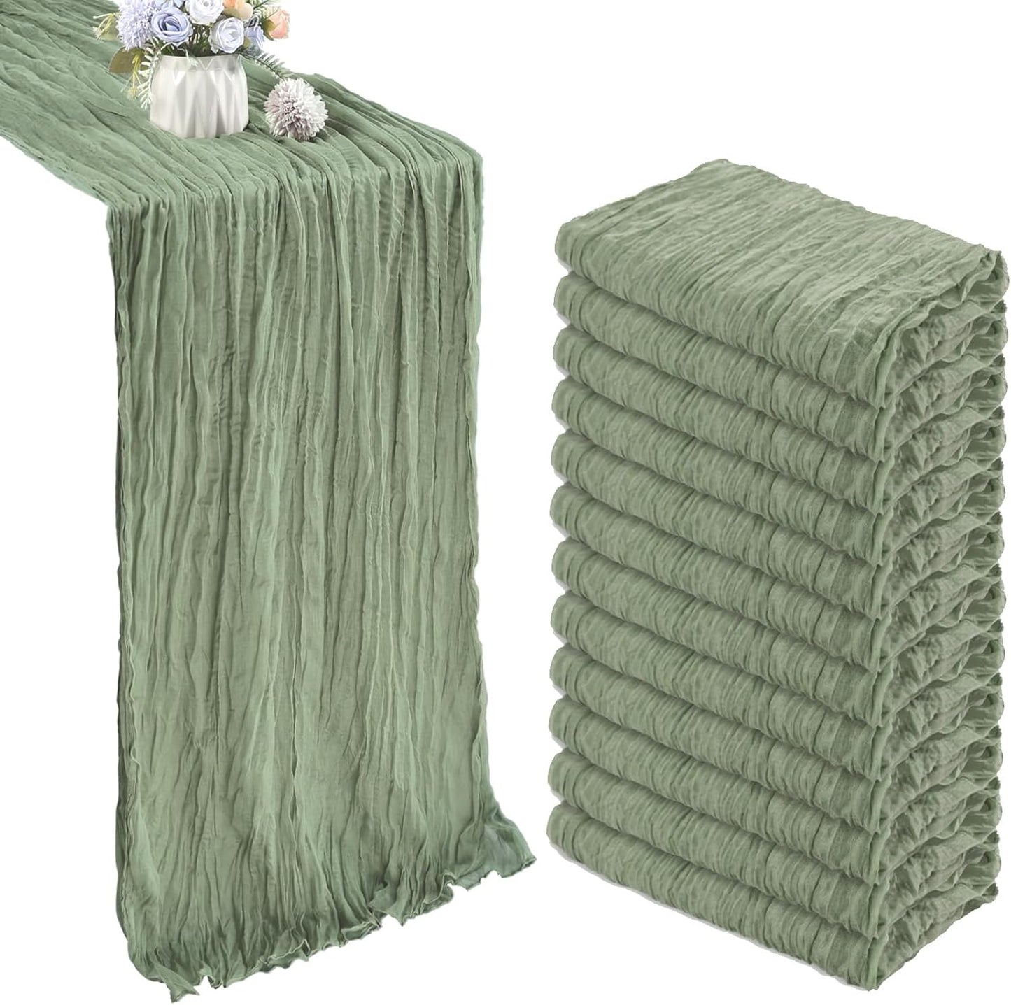 12 Pack 10FT Sage Green Cheesecloth Table Runner 35x120 Inch Gauze Rustic Boho Table Runner Cheese Cloth for Wedding Decor Birthday Party Bridal Baby Shower Table Centerpiece Decoration