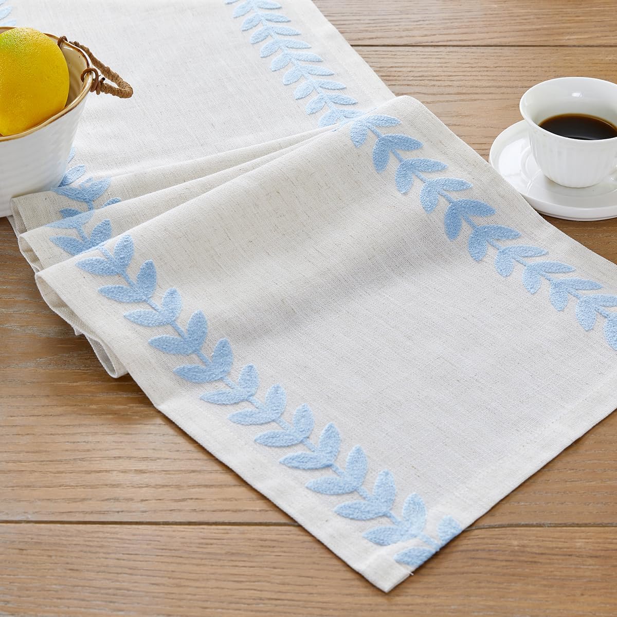 Wracra Embroidered Table Runner Irregular Willow Leaf Table Runners 90 Inches Long for Dresser Home Dining Table Decor,14 x 90 Inch, Blue