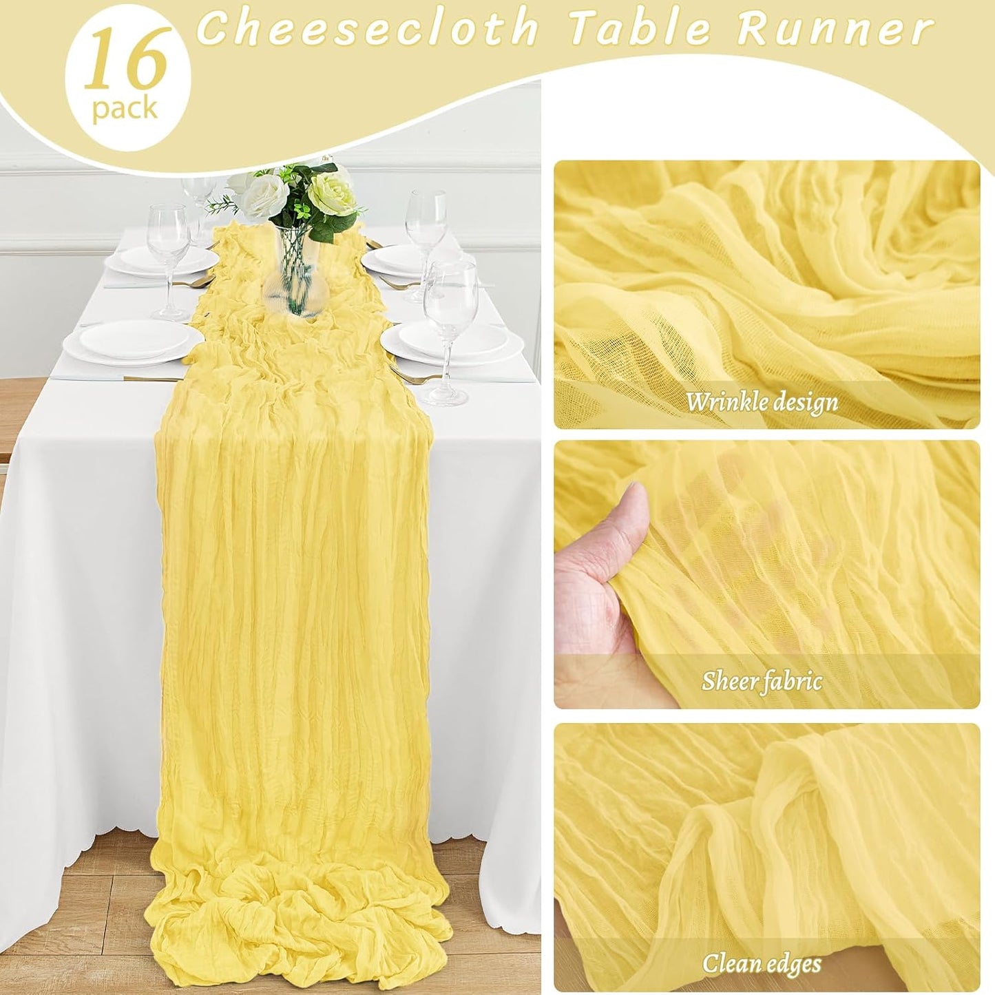 16Pack Light Yellow Cheesecloth Table Runner 10FT Gauze Cheese Cloth Table Runner 35x120Inch Long Boho Spring Easter Table Runners Rustic Sheer Table Runners for Wedding Baby Bridal Shower Decor