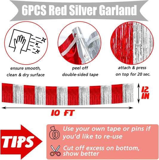 6 Pack 6 Feet Foil Fringe Garland Metallic Tassle Banner Wall Hanging Tinsel Streamers Backdrop for Parade Floats, Bachelorette Wedding Circus Welcome Carnival Birthday Party Decorations(Red Silver)