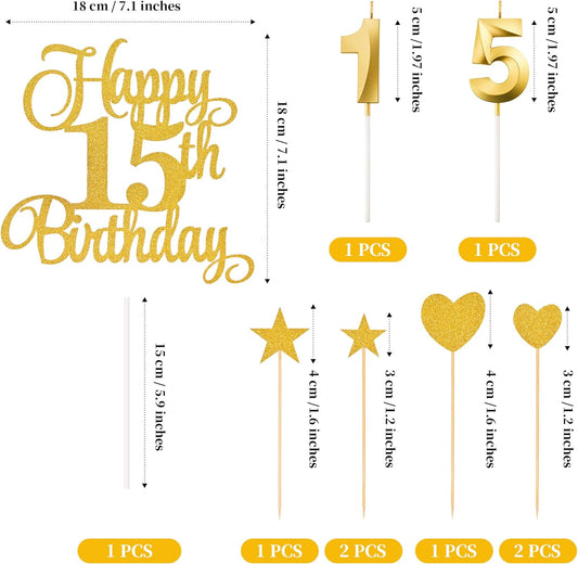 15th Birthday Cake Decorations, 15th Birthday Candles Cake Numeral Candles and Glitter Happy 15th Birthday Cake Toppers Set for Birthday Party Supplies (Gold)