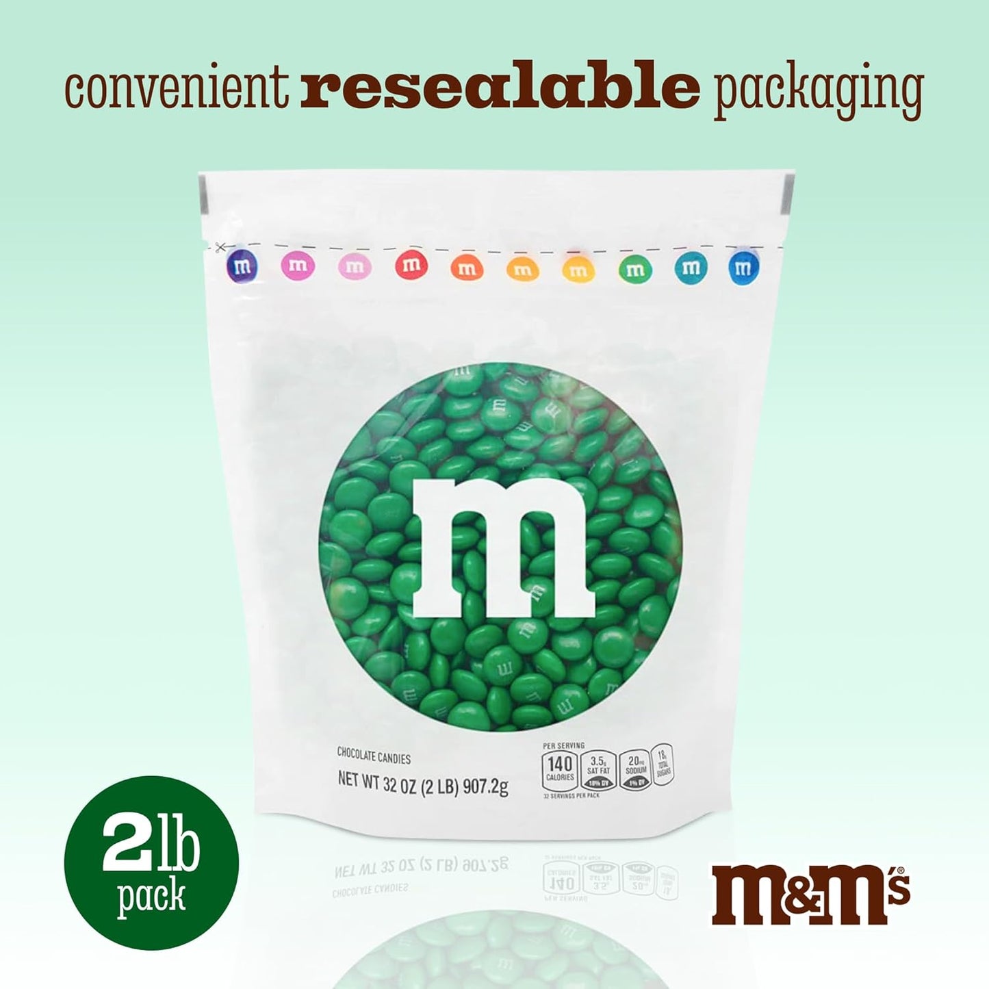 M&M’S WORLD Dark Green Milk Chocolate Candy, 5lbs of M&M'S in Resealable Pack for Candy Bars, Holiday Parties, Graduations, Christmas, Dessert Tables & DIY Party Favors