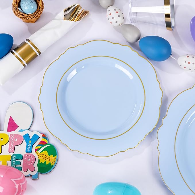 Liacere 175PCS Bule Plastic Plates - Disposable Ligh Bule and Gold Plates - Baroque Plastic Dinnerware 50Plates, 25Pack Pre Rolled Napkins with Silverware 25Cups for Baby Shower Party &Easter Day