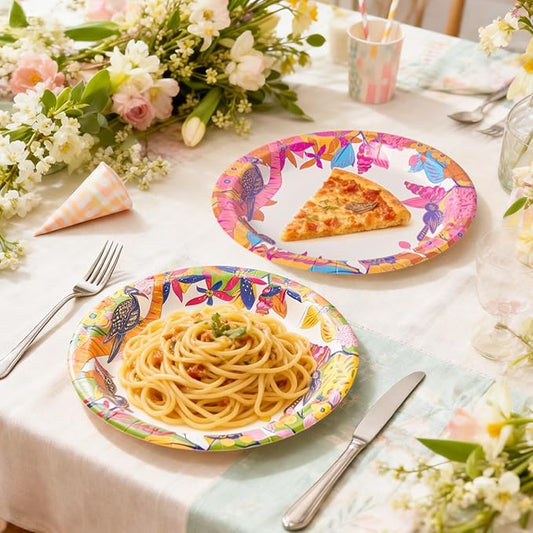 MUCHII 10 Inch Paper Plates 120 Count, Floral Bird Design Disposable floral Plates for Thanksgiving Day, Wedding, Party, Dinner, Holiday - 4 Vintage Colors (30 Each)