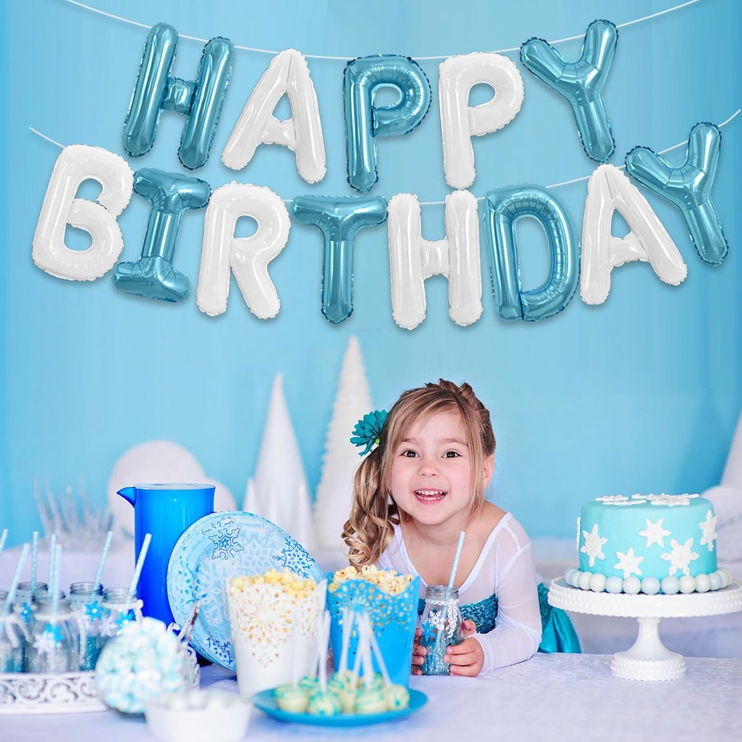 TONIFUL Happy Birthday Balloons Banner 16 Inch Mylar Foil Letters Birthday Sign Reusable for Girls Boys Kids & Adults Birthday Party Decorations Supplies（Light Blue White）
