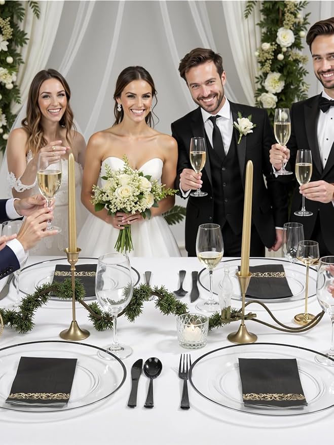 WDF 25 Pack Black Charger Plates - Clear Charges with Black Trim - 12inch Disposable Chargers Plates for Graduation Wedding Party Birthday Dinner