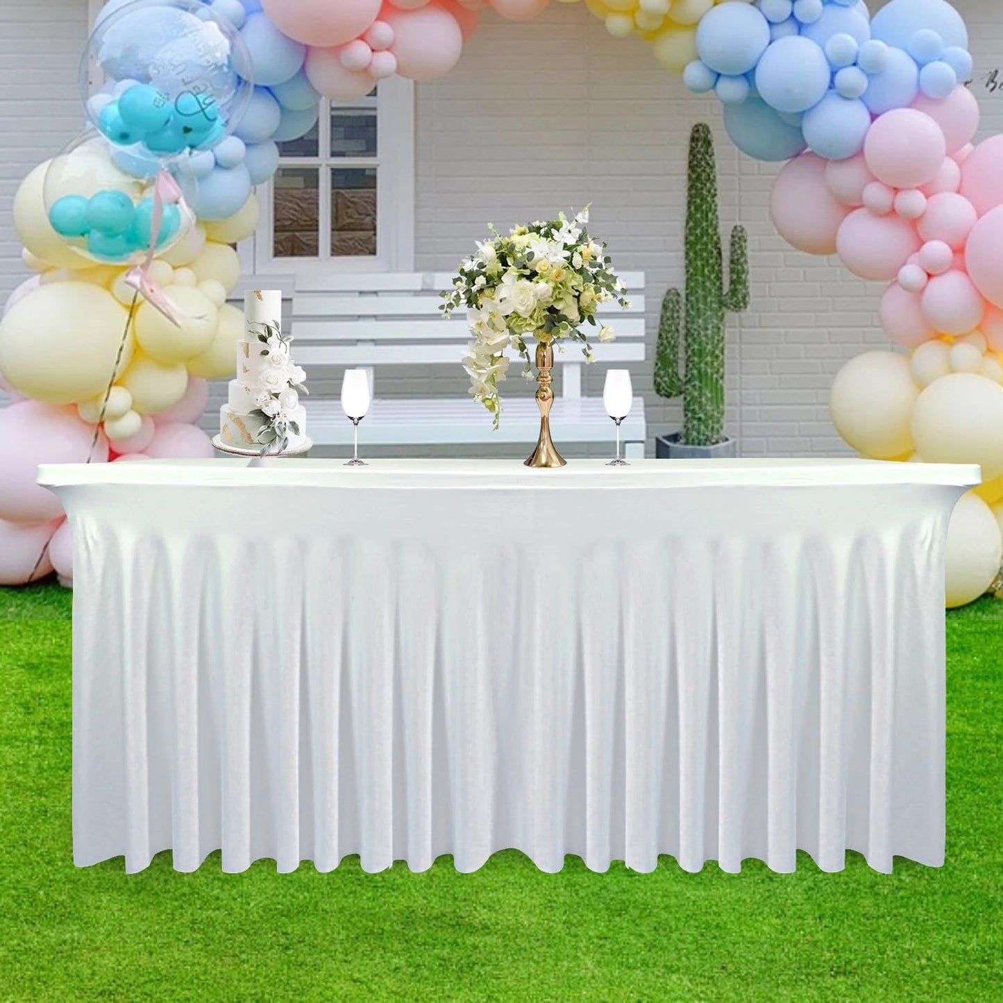 1 Pack Table Skirt for 5 Foot Rectangle Tables - 60" L x 28" W x 30" H White Stretch Spandex Fitted Tablecloth | Machine Washable & Wrinkle Resistant | for Banquet, Birthday, Party Decor