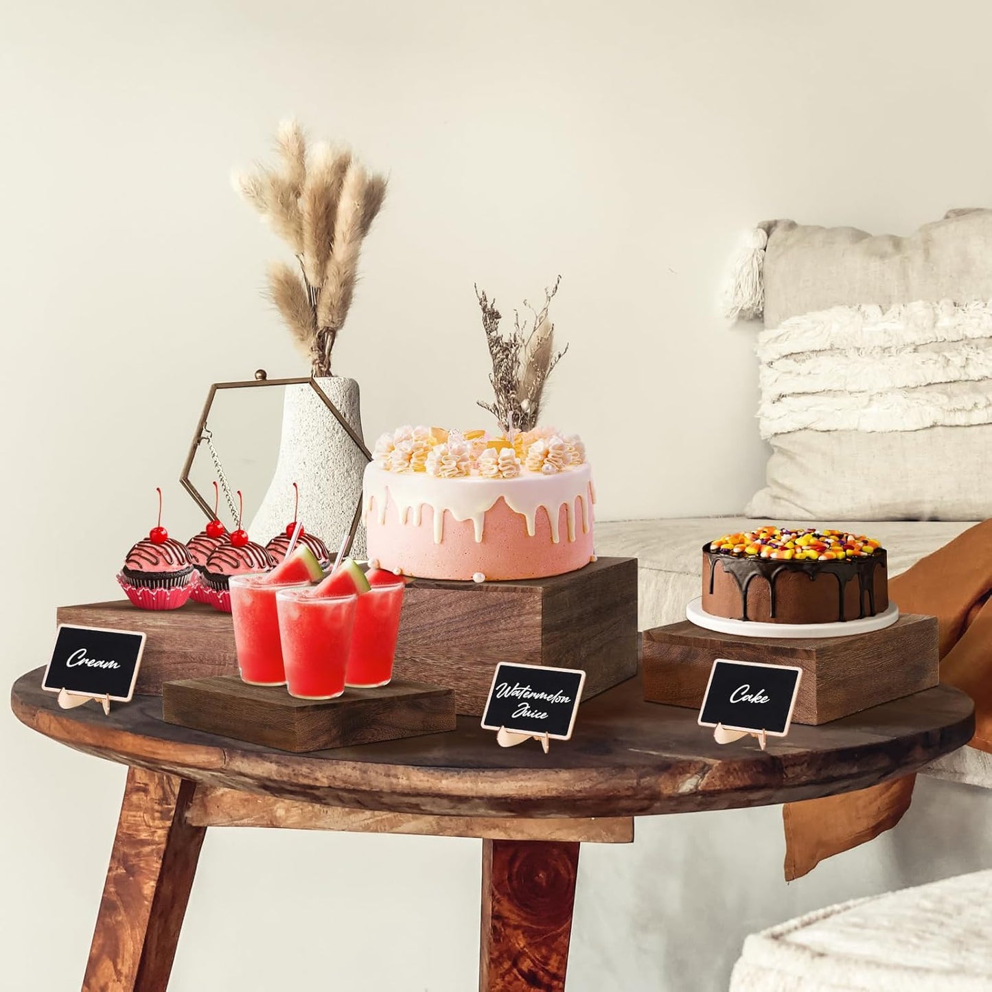 6 Pack Wooden Risers Display Stands with Mini Signs Square Food Risers for Buffet Party Rustic Wood Cake & Cupcake Stands Nesting Box Wooden Crates for Display
