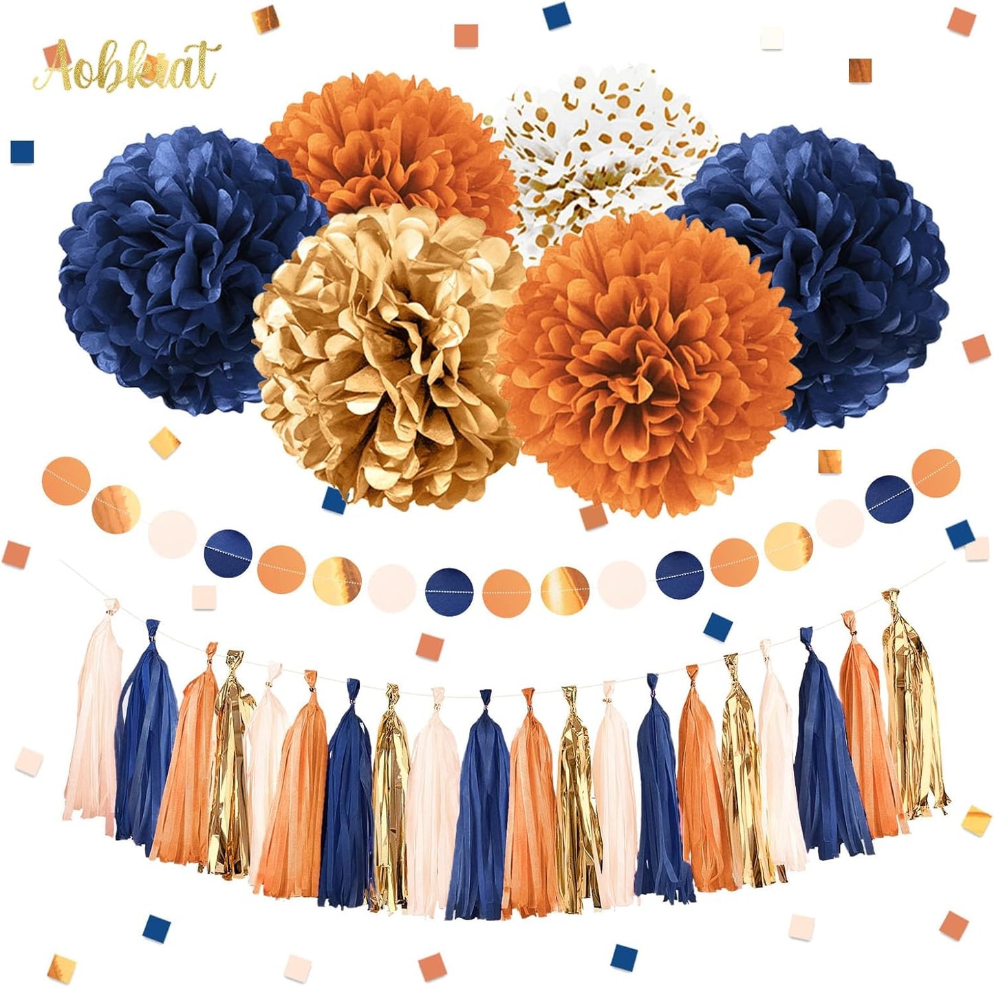 AOBKIAT Fall Baby Shower Party Decorations,28PCS Thanksgiving Home Decor,Orange Navy Gold Tissue Paper Pom Poms,Paper Garland,Hanging tassel,Table Confetti,for Baby Shower,Bridal Shower,Rustic Wedding