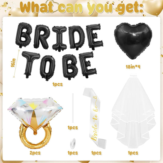 Black Bachelorette Party Decorations, Black Bride to Be Banner Heart Balloons with Diamond Ring Foil Balloon, Gold Bride to Be Sash&Veil for Bachelorette Engagement Gift Bridal Shower Party Supplies