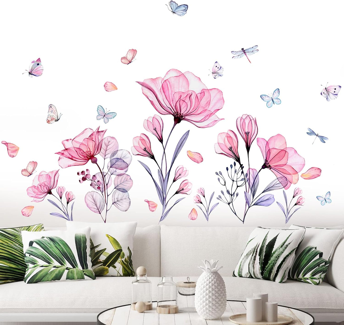 Pink Flowers Wall Decals Removable Butterflies Floral Flowerl Wall Stickers DIY Vinyl Self Adhesive Wall Mural for Nursery TV Background Kids Gilrs Rooms Bedroom Decoration