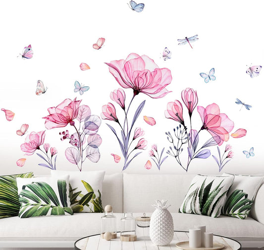 Pink Flowers Wall Decals Removable Butterflies Floral Flowerl Wall Stickers DIY Vinyl Self Adhesive Wall Mural for Nursery TV Background Kids Gilrs Rooms Bedroom Decoration