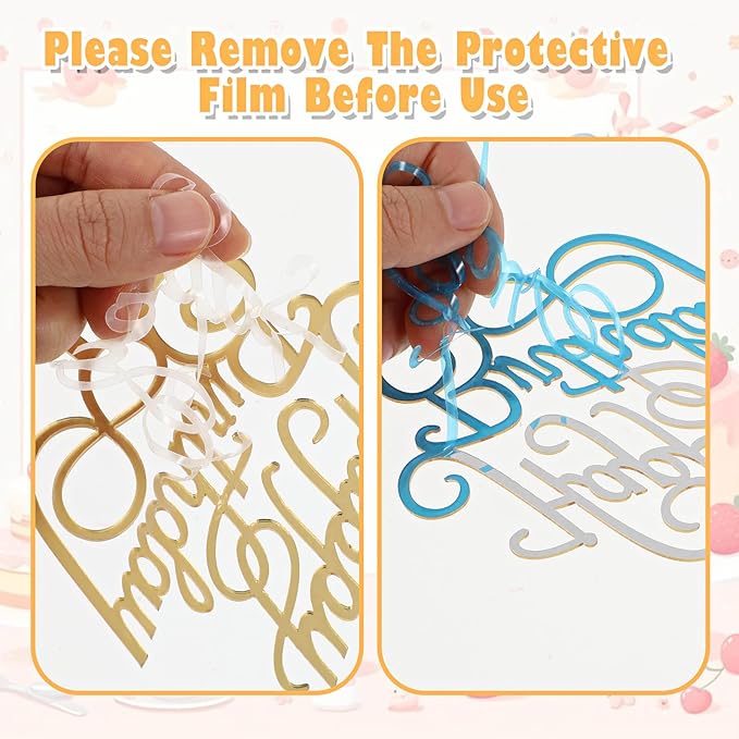 6Styles Gold Happy Birthday Cake Topper, Mirror Acrylic Happy Birthday Sign for Cake Side Decoration Plaque, Glitter Gold Happy Birthday Sign Cake Topper Set for Cake Party Decorating Supplies